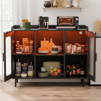 Aheaplus Sideboard Buffet with Charge Station and LED Light, Farmhouse Bar Cabinet with Wine Holder
