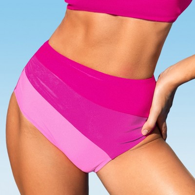 Women's Vibrant Fuchsia/Black Colorblocked Panels High-Waisted Bikini Bottoms - Cupshe