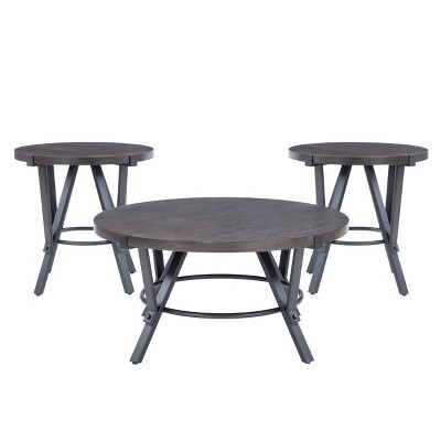 Powell 3pc Galway Wood Top and Charcoal Gray Metal Round Coffee and Side Table Set Charcoal Brown: Rustic Living Room Furniture Set