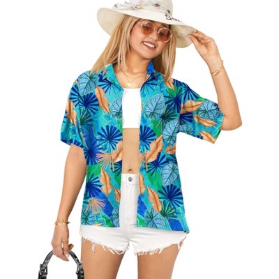 HAPPY BAY Hawaiian Shirts Womens Casual Beach Party Summer Short Sleeve Tropical Vacation Button Up Shirts Collared Blouses for Women