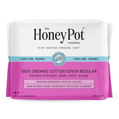 The Honey Pot Company 100% Organic Cotton Cover Cooling Herbal Infusion Regular Pads - 20ct