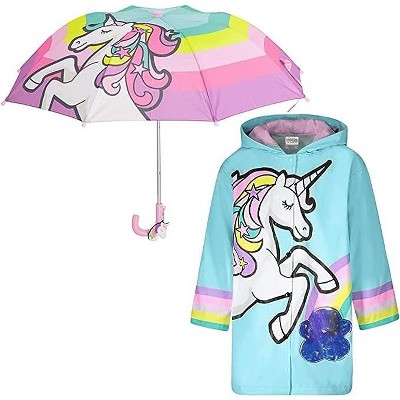 Unicorn Girls Umbrella & Rain Jacket Set - Kids Ages 3T-9 Years