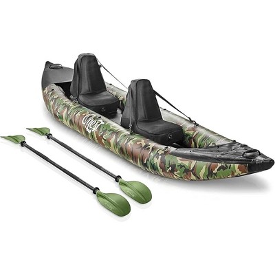 Inflatable Kayak for Water Adventures with Heavy-Duty Vinyl, Aluminum Oars, High Output Pump, Carrying Bag - Camo