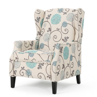 Christopher Knight Home Wescott Contemporary Fabric Wingback Pushback Recliner, Light Beige and Blue Floral