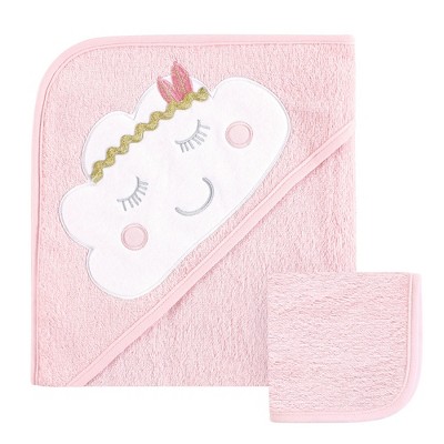Hudson Baby Infant Girl Cotton Hooded Towel and Washcloth 2pc Set, Boho Cloud, One Size