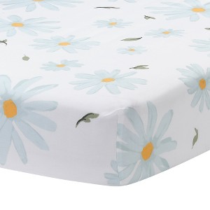Lambs & Ivy Sweet Daisy 100% Cotton White/Blue Floral Baby Fitted Crib Sheet - 1 of 4