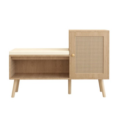 PDTEND Modern 2-in-1 Shoe Storage Bench with 2 Adjustable Shelves and Removable Seat Cushion
