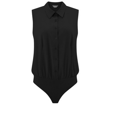 Hobemty Women's Work Bodysuit Tops Button Down Sleeveless Leotard Shirt