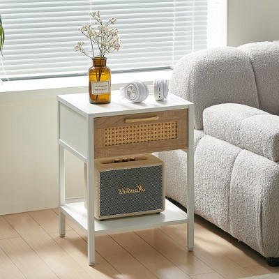 Mayeerty 15.74" Rattan End table with drawer, Modern nightstand, metal legs,side table for living room, bedroom, White