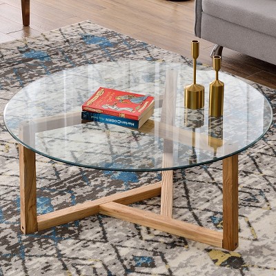 Modern Round Coffee Table Cocktail Table with Tempered Glass Top & Sturdy Wood Base-ModernLuxe