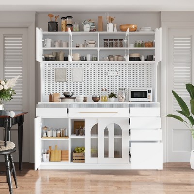 PDTEND 63'' W Buffet with Hutch, Kitchen Storage Cabinet with 6 Drawers, Adjustable Shelves, Towel Rack, Power Outlet, White