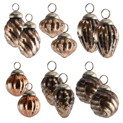 AuldHome Design Small Glass Finial Ornaments, 12pc Set; Antiqued Retro Mercury Glass Christmas Tree Decorations