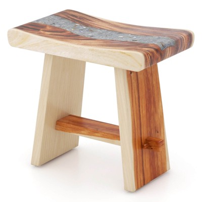 Costway 19 Inch Teak Wood Shower Bench with  Epoxy Finish & Curved Seat for Inside Shower