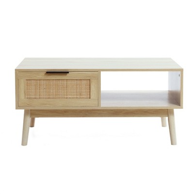 LuxenHome White Oak Finish Wood and Rattan Coffee Table Brown