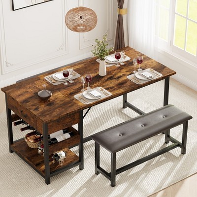 Dining Table Set for 4, Kitchen Table Set with Upholstered Benches, Dining Room Table with Storage Drawers & Wine Rack for Small Space-Brown