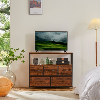 JIONJOY 5-Drawer Dresser TV Stands up to 45 inch Entertainment Center with Fabric Drawers | Rust