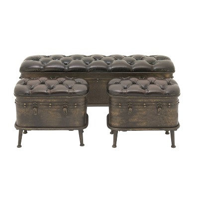 Set of 3 Vintage Metal and Faux Leather Storage Benches Brown - Olivia & May
