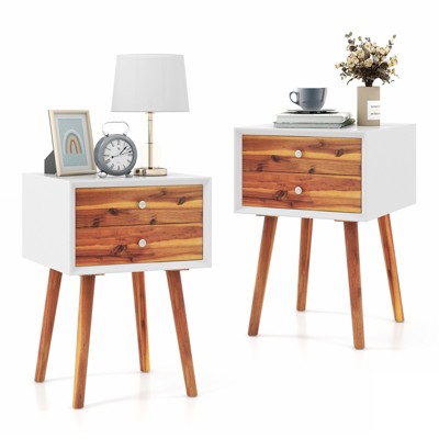 Costway 2PCS Wooden Nightstand Mid-Century End Side Table W/2 Storage Drawers