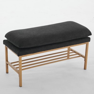 TiramisuBest Industrial Entryway Shoe Bench with Upholstered Seat & Rustic Storage, Fabric & Metal Design for Small Spaces (Antique Brown)