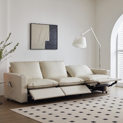 ATJafurn White Genuine Leather Electric Power Reclining Sofa Sectional Couch with USB and Cup Holders, Individually Adjustable for Each Seat, 3 Seat