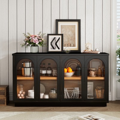 ORRD Black 4-Door Buffet Cabinet, Arched Glass Doors & Adjustable Shelves for Kitchen & Living Room