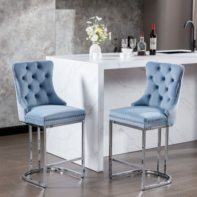 PAGED Bar Stools Set of 2 Modern Velvet Upholstered Modern Barstools with Button Back and Metal Base Counter Height Bar Stools for Bar