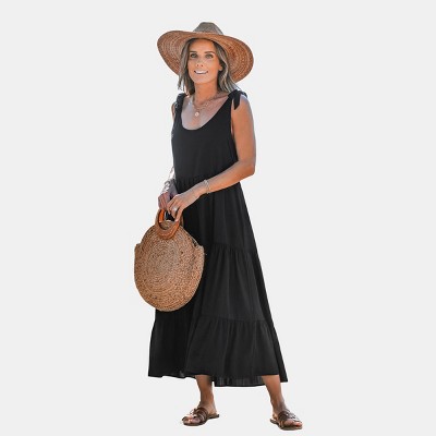 Women's Breezy Black Tiered Maxi Dress with Scoop Neck - Cupshe