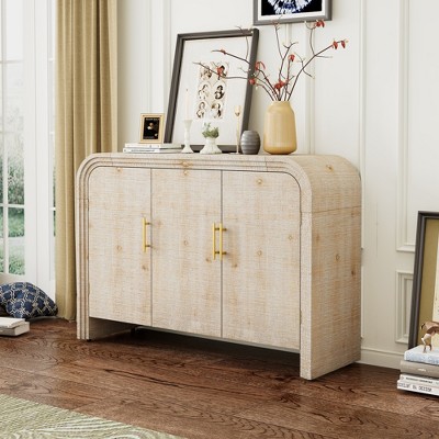SAINTCY Retro Minimalist Sideboard with Curved Design, Gold Handles & Adjustable Shelves – Stylish Storage for Living Room & Dining Room