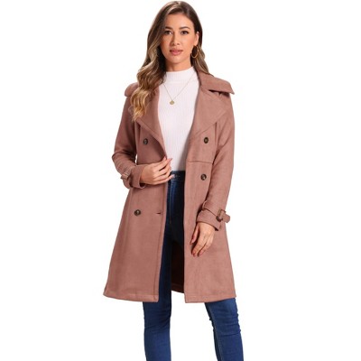 Allegra K Women's Faux Suede Notched Lapel Strap Cuff Solid Double Breasted Tie Belt Trench Coat