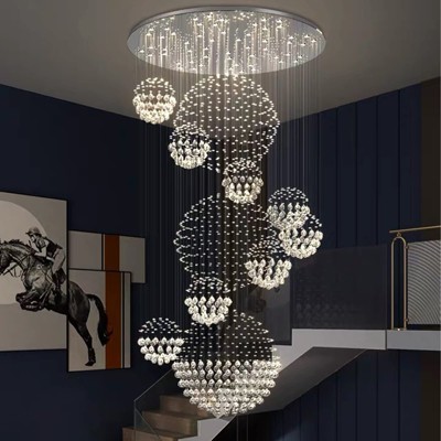 Ludomide Modern 11-Sphere Spiral Foyers Chandelier, 13 Lights Flush Mount Ceiling Light for High Ceilings, Villas Entryway, Dia 31.5" x H110"