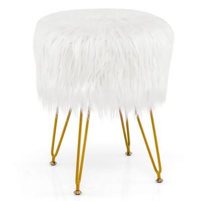 Costway Faux Fur Vanity Chair Makeup Stool Furry Padded Seat Round Ottoman Pink/White