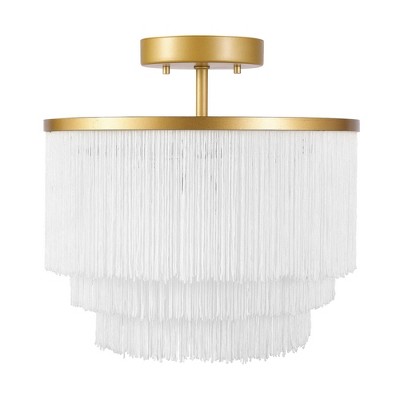 Novogratz X Globe Janis 1-Light Matte Gold Flush Mount Ceiling Light with White Fabric Fringe Shade - Globe Electric: ETL Listed, Cotton Shade