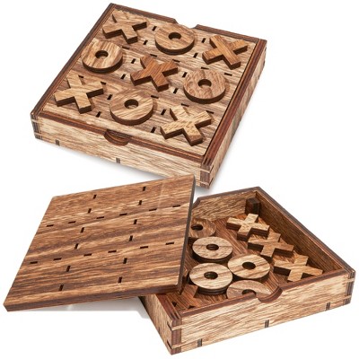 Infinite Curiosity 2 Pack Wooden Tic Tac Toe Board Game, 10 Piece Games, 5.5 x 1.15 in.