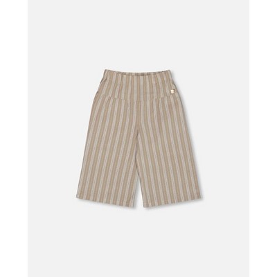 Deux par Deux Girl Wide Leg Capri Linen Pant White and Sage Striped