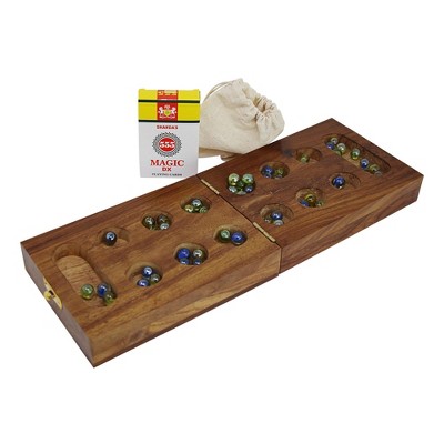 Slickblue Mancala & Cribbage Dual Game Box, Handcrafted Sheesham Wood with Marbles & Playing Cards