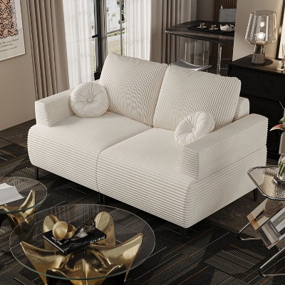 ATJafurn White Corduroy Sectional Sofa Couch Modern Modular Oversized Upholstered Sleeper with Comfy Pillows for Living Room Bedroom Apartment Office