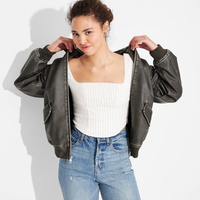 Women's Faux Leather Bomber Jacket - Wild Fable™ Black