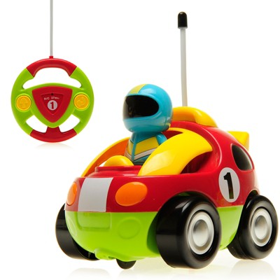 JuzToys 4" Cartoon Remote Control Race Car – Flashing Lights, Honking Sounds, and Removable Figure, RC Toys for Kids – Red