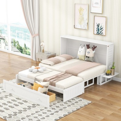 Queen Size Mobile Murphy Bed with Drawer and Little Shelves on Each Side, White - ModernLuxe