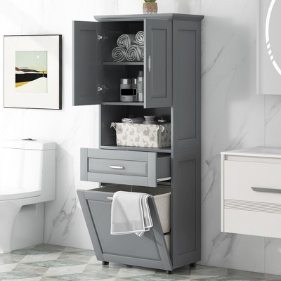 TIRAMISUBEST Tall Bathroom Cabinet with Laundry Basket, Large Storage Space Tilt-Out Laundry Hamper and Upper Storage Cabinet, Grey
