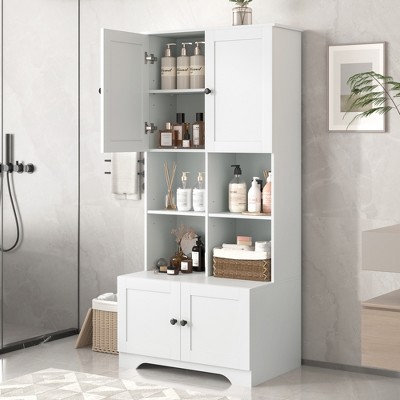 Whisen Bathroom Floor Storage Cabinet with 4 Doors, Adjustable Shelves and Open Style multi-layer Shelves