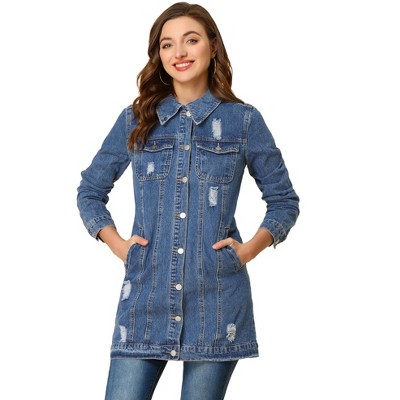 Allegra K Women's Distressed Long Sleeve Ripped Casual Denim Jacket