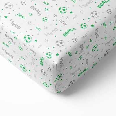 Bacati - Soccerball Green/Gray Muslin 100 percent Cotton Universal Baby US Standard Crib or Toddler Bed Fitted Sheet