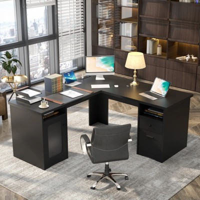 L-Shape Desk with Charge Station, Computer Desk Workstation with File Cabinet and Drawers for Office