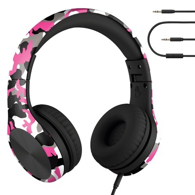 LiLGadgets Connect+ Pro Kids Headphones with Mic, SharePort Technology, Volume Limit 93db Wired Inline 3.5mm Jack- Pink Camo
