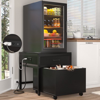 Aheaplus End Table with Charge Station, Mini Fridge Strand with Storage Drawers and Rolling Cabinet