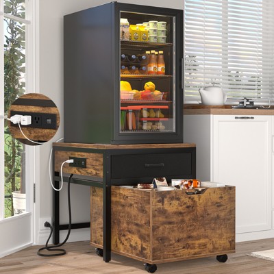 Aheaplus End Table with Charge Station, Mini Fridge Strand with Storage Drawers and Rolling Cabinet
