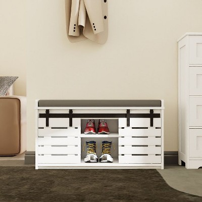CAVINAS Shoe Rack Storage Bench with Padded Seat Cushion with Barn Doors