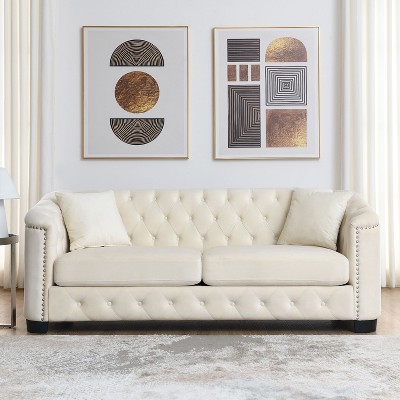 77-Inch Modern Chesterfield Velvet Sofa, 3-Seater Sofa, Upholstered Tufted Backrests with Nailhead Arms and 2 Cushions for Living Room