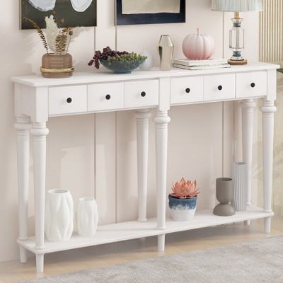 TiramisuBest Retro Console Table with 4 Drawers and Open Shelf for Entryways, Living Rooms, and Hallways